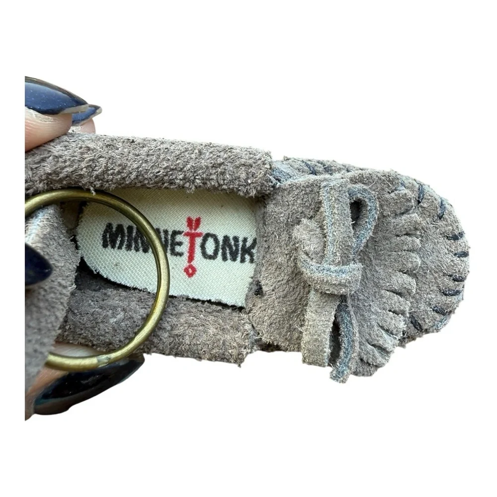 Minnetonka Suede Moccasin Keychain Key Ring Dark Grey Fringed Mini Shoe NIB